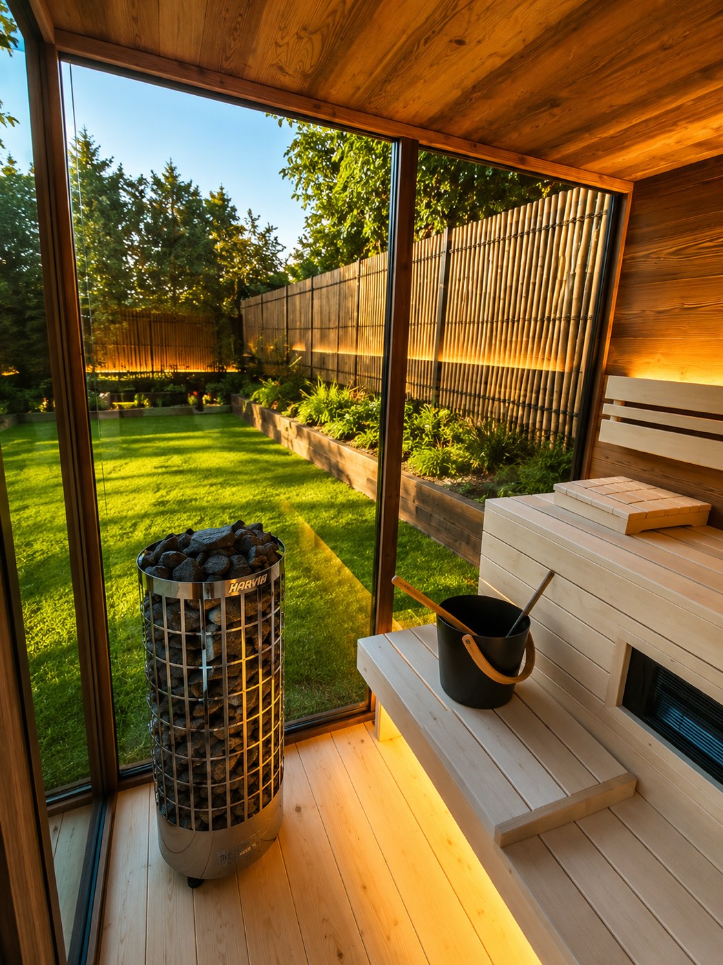 Kilátás a szauna belsejéből: henger alakú kályha, világos padok, az üvegfalon túl a zöld kert